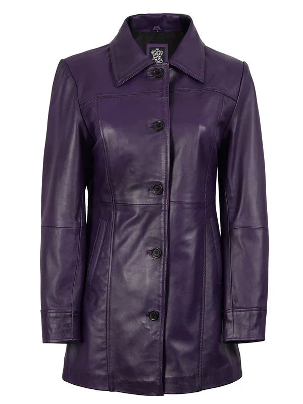 Kandis Women's Leather Purple 3/4 Length Car Coat