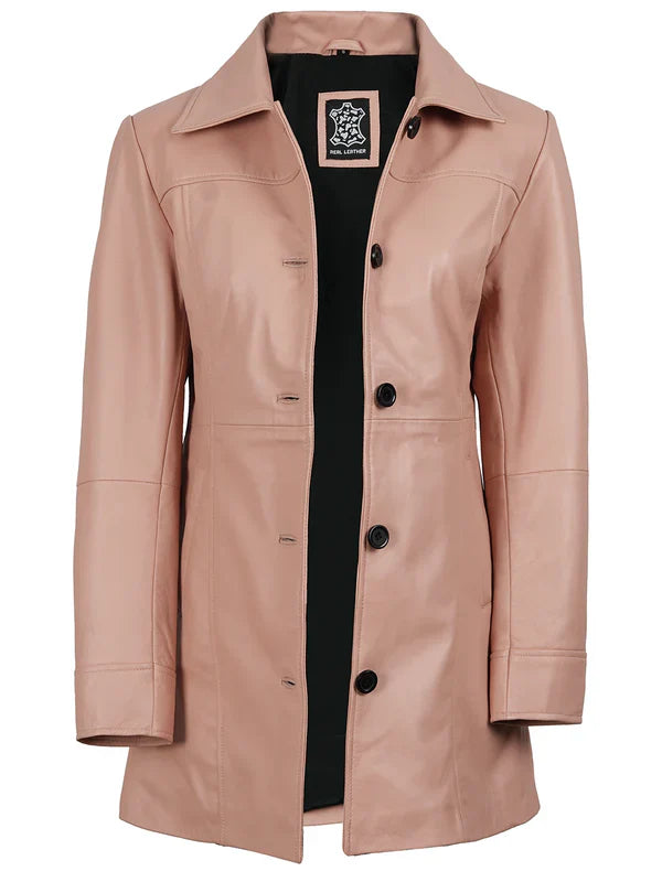 Kandis Women’s Premium Pink Real Leather Car Coat
