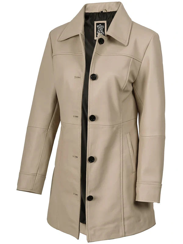 Kandis Women’s Premium Beige Real Leather Car Coat