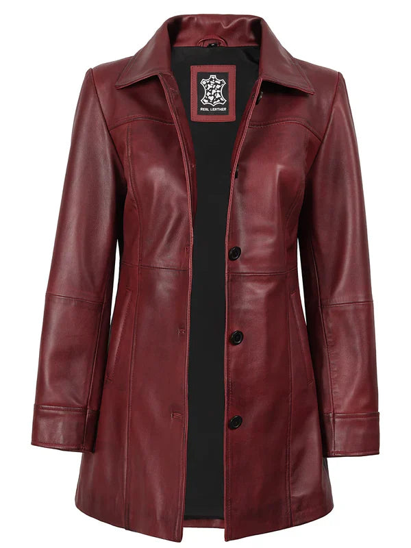 Kandis Women's Burgundy Real Leather Car Coat
