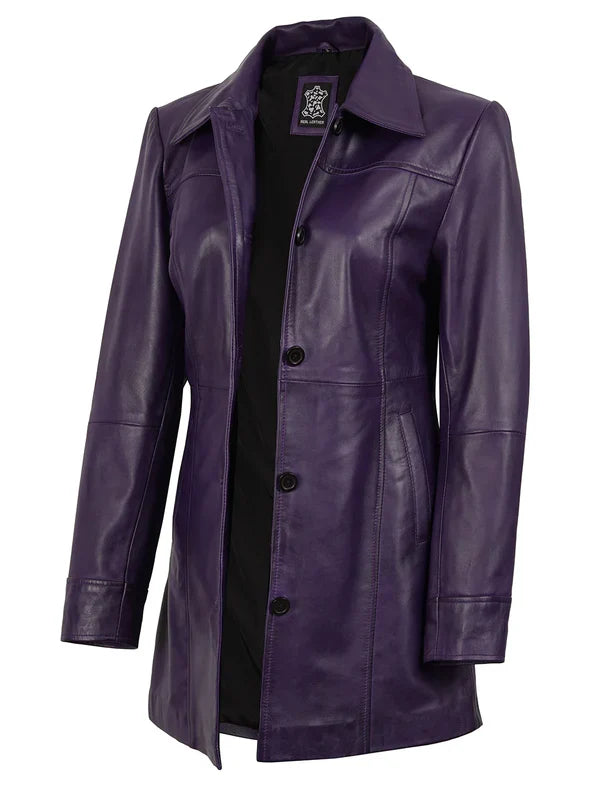 Kandis Women's Leather Purple 3/4 Length Car Coat
