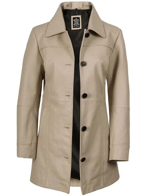 Kandis Women’s Premium Beige Real Leather Car Coat