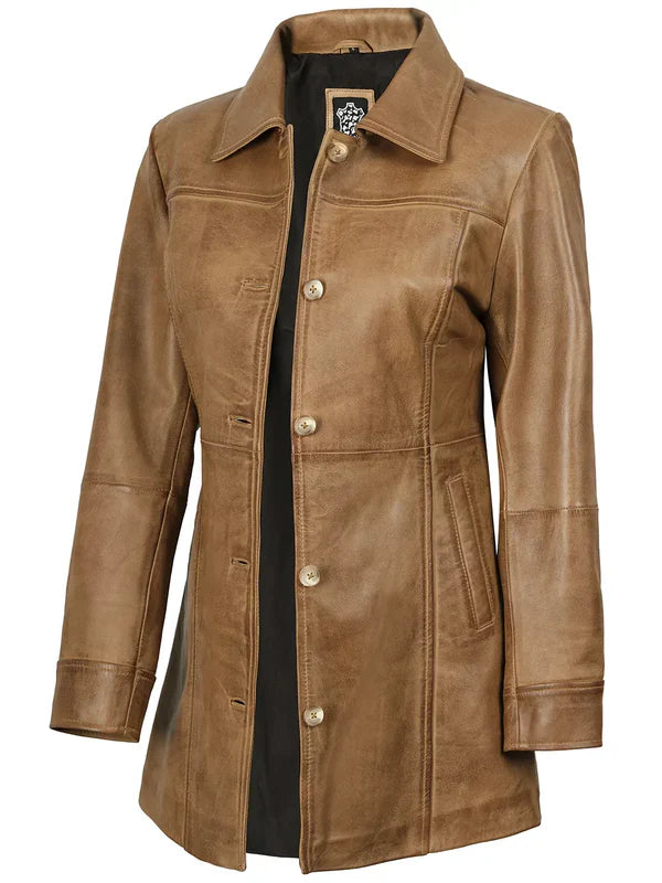 Kandis Womens Camel Brown Real Leather Car Coat