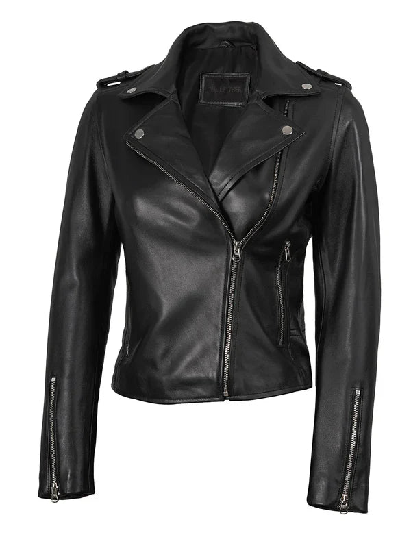 Kirsten Women's Black Asymmetrical Leather Biker Style Jacket