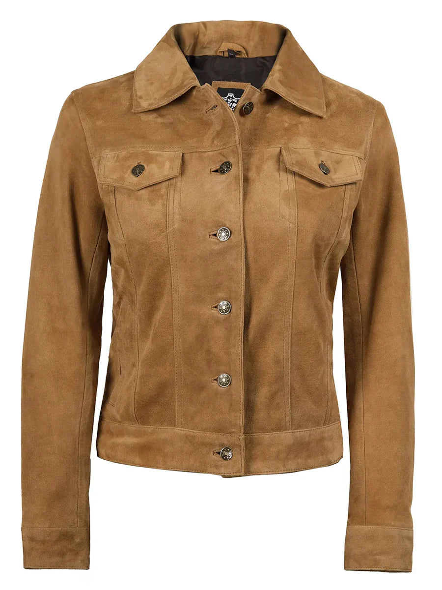 Women's Light Brown Shade Suede Trucker Jacket