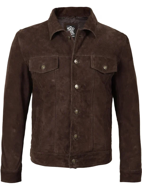 Logan Men's Dark Brown Suede Trucker Jacket