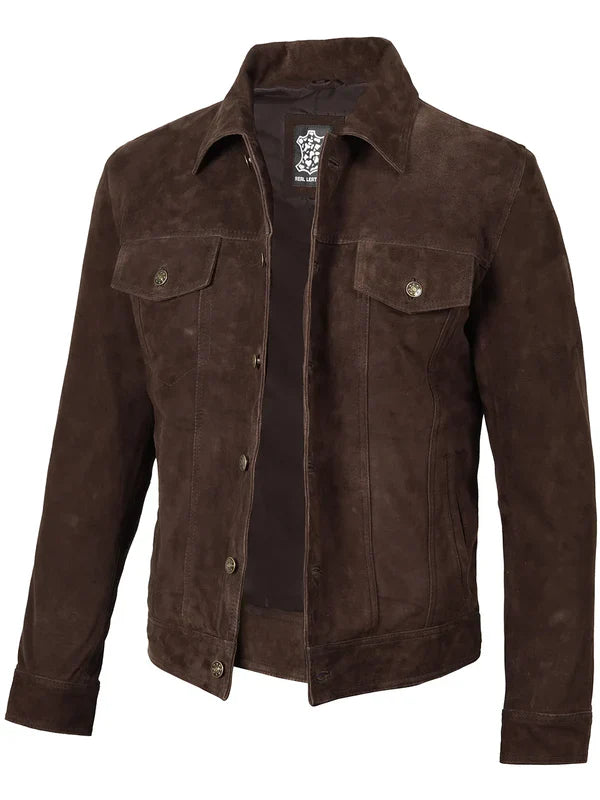 Logan Men's Dark Brown Suede Trucker Jacket