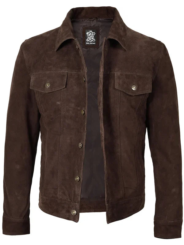 Logan Men's Dark Brown Suede Trucker Jacket
