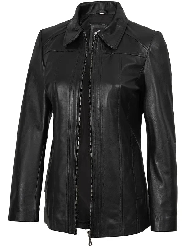 Marsha Women’s Premium Genuine Leather Black Car Coat