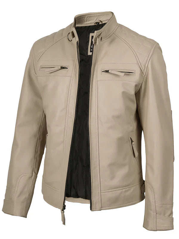 Men’s Beige Cafe Racer Leather Genuine Leather Jacket
