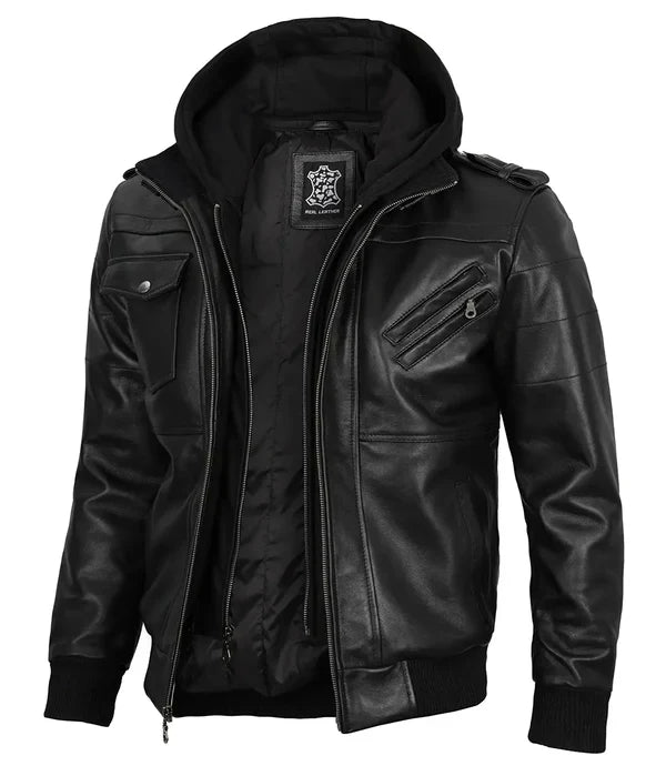 Edinburgh Mens Black Bomber Leather Jacket With Removable Hood
