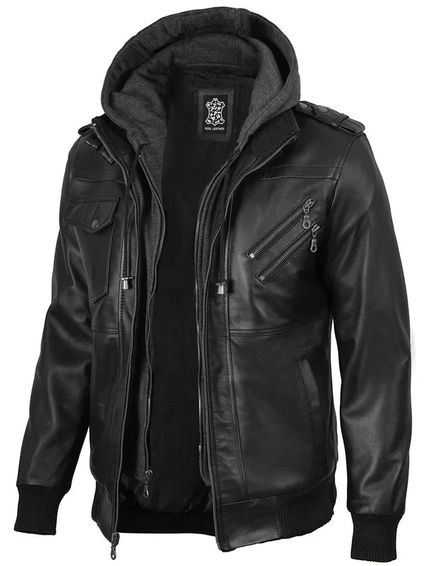 Men's Black Bomber Leather Jacket with Removable Hood