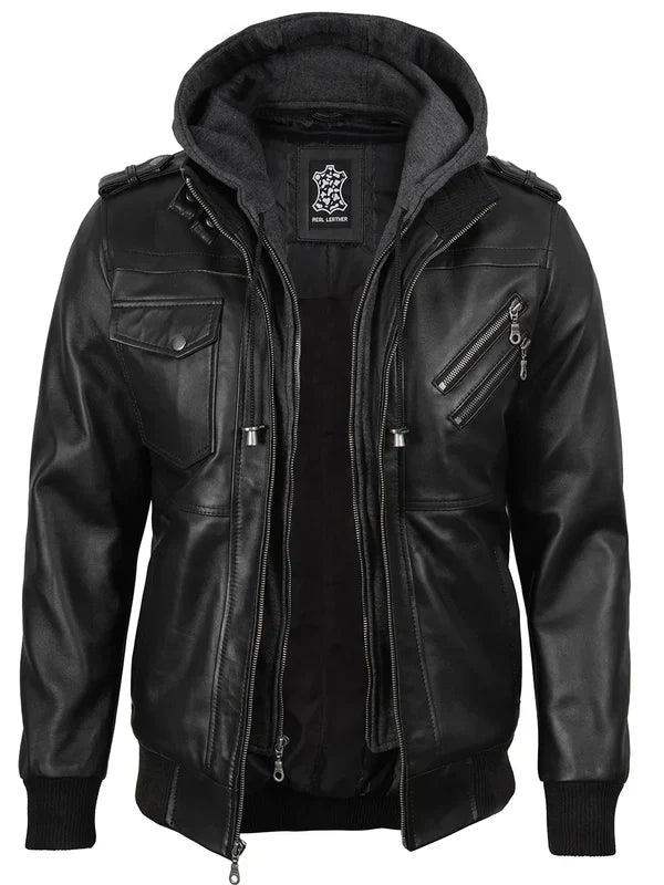 Men's Black Bomber Leather Jacket with Removable Hood