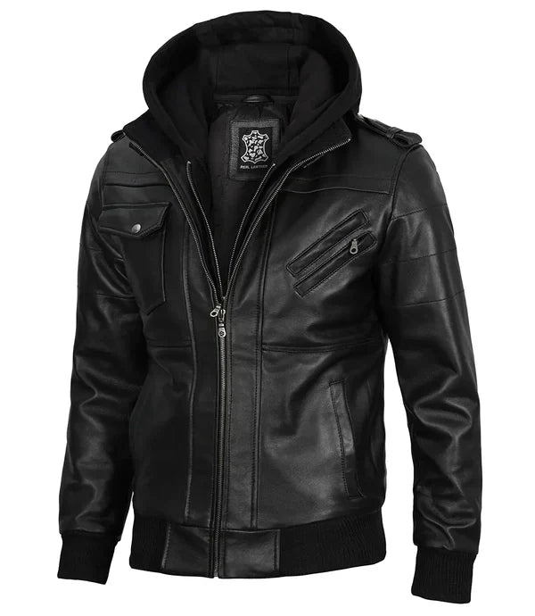 Edinburgh Mens Black Bomber Leather Jacket With Removable Hood