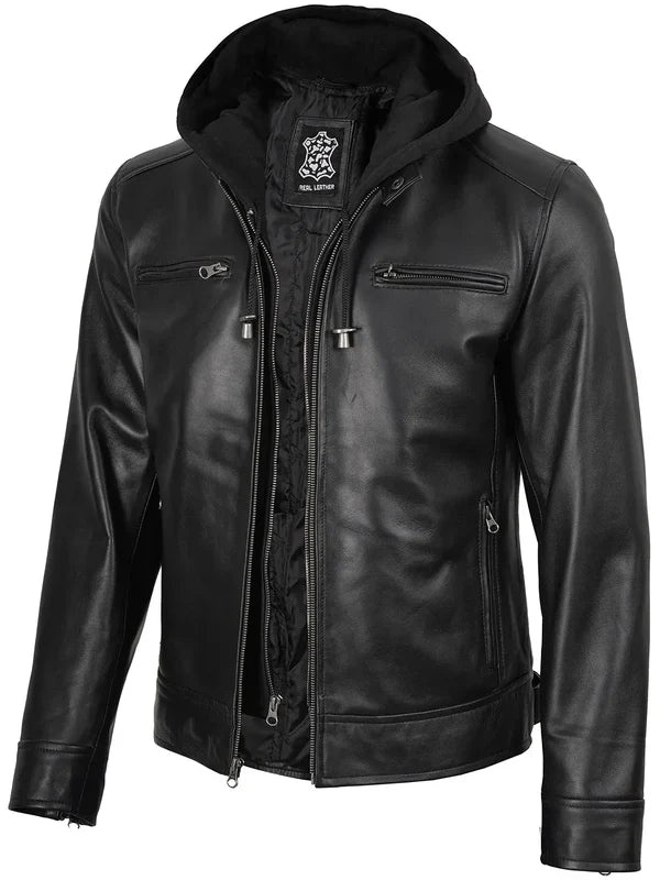 Men's Black Biker Style Leather Jacket with Removable Hood