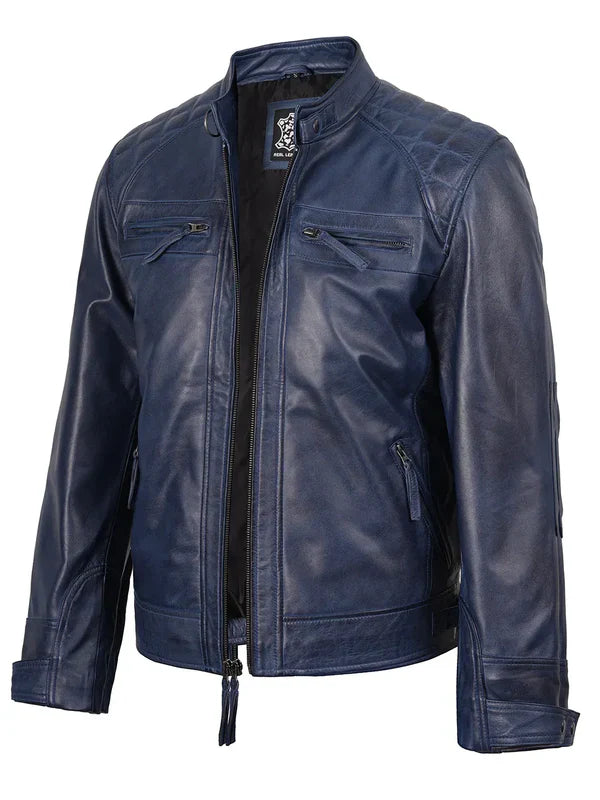 Men’s Blue Waxed Leather Cafe Racer– Premium leather jacket