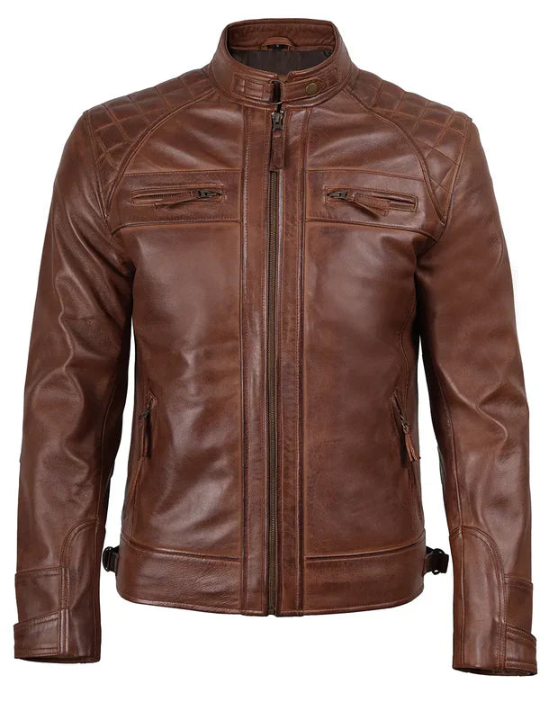 Johnson Men's Cognac Brown Quilted Biker Leather Jacket