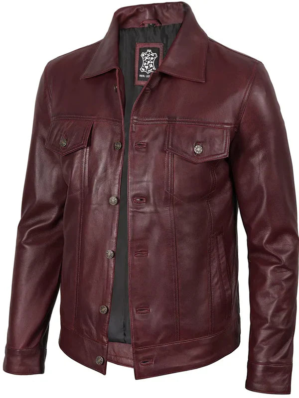 Men’s Burgundy Real Leather Trucker Genuine Leather Jacket