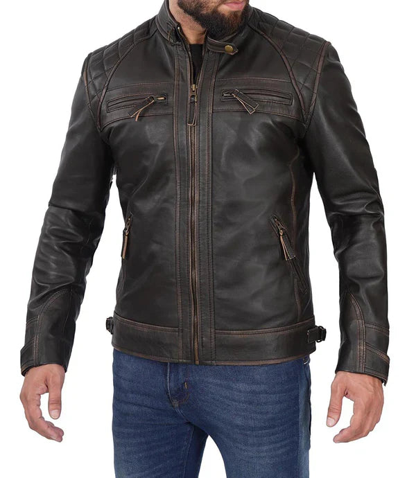 Men's Distressed Brown Cafe Racer Leather Jacket
