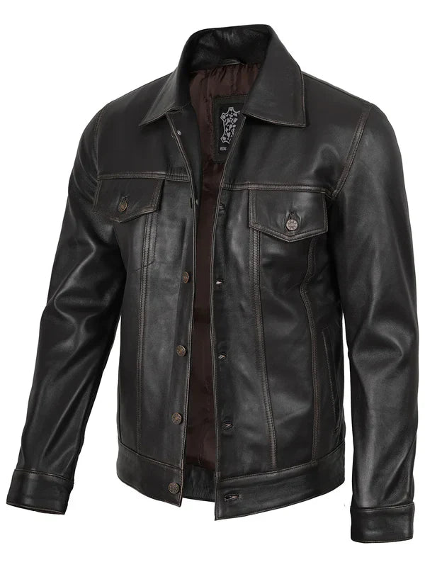 Men’s Dark Brown Trucker Genuine Leather Jacket