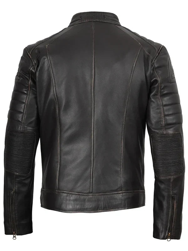 Men’s Dark Brown Rub Off Cafe Racer Genuine Leather Jacket