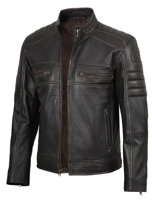 Men’s Dark Brown Rub Off Cafe Racer Genuine Leather Jacket