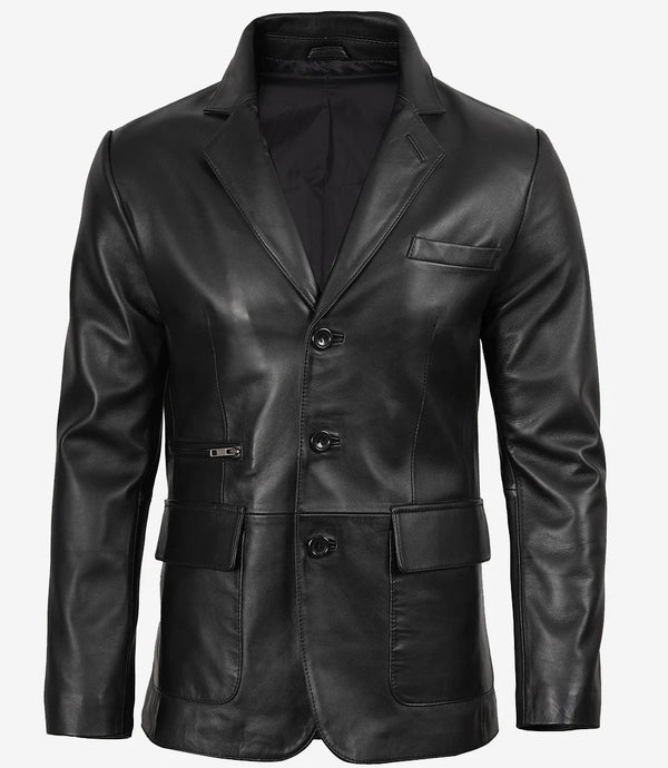 Mens Real Leather Three Button Black Blazer