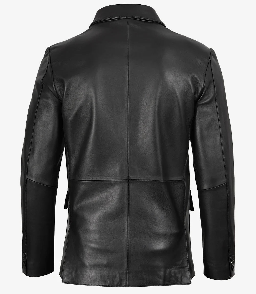 Mens Real Leather Three Button Black Blazer