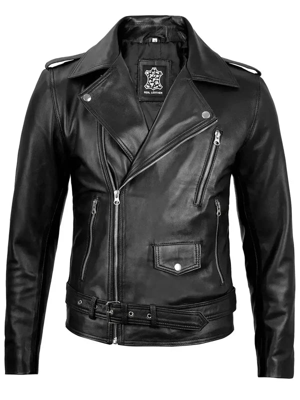 Men's Black Asymmetrical Leather Biker Style Jacket