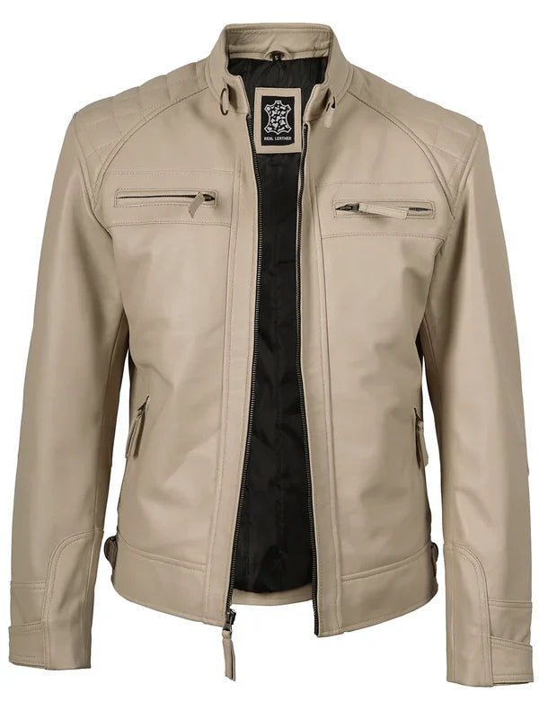 Men’s Beige Cafe Racer Leather Genuine Leather Jacket
