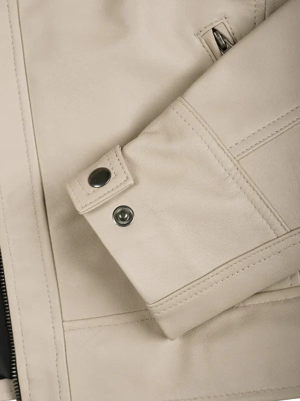 Men’s Beige Cafe Racer Leather Genuine Leather Jacket