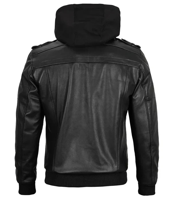 Edinburgh Mens Black Bomber Leather Jacket With Removable Hood