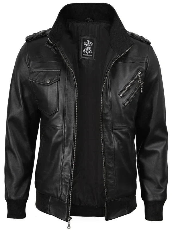 Men's Black Bomber Leather Jacket with Removable Hood