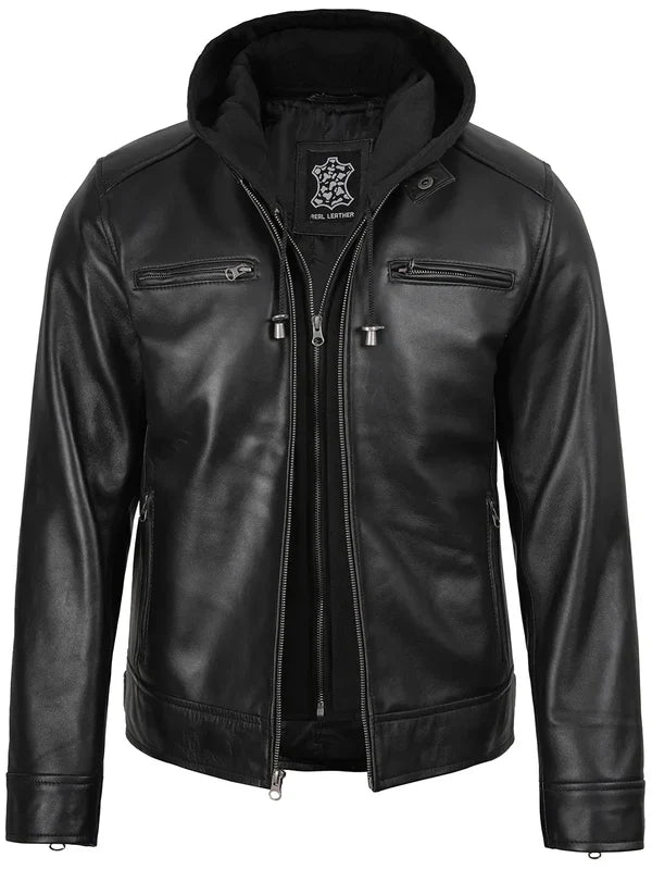 Men's Black Biker Style Leather Jacket with Removable Hood