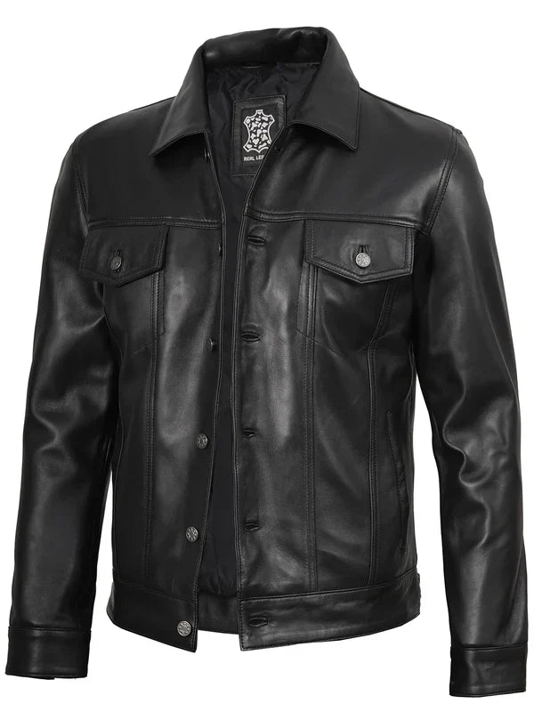 Fernando Men’s Black Leather Trucker Genuine Leather Jacket