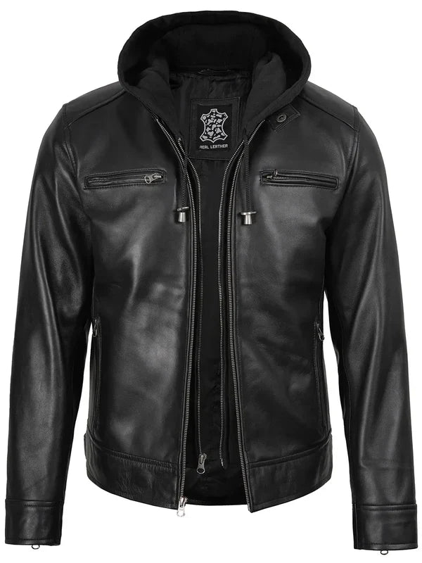 Men's Black Biker Style Leather Jacket with Removable Hood