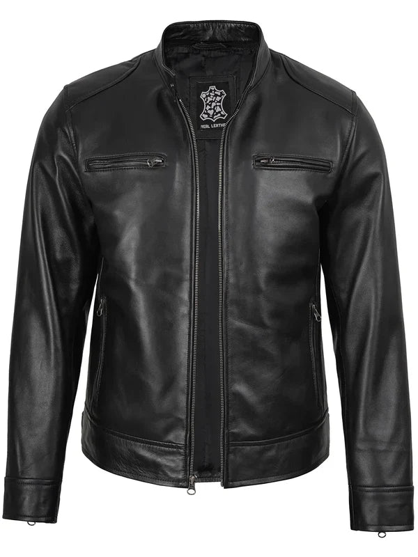 Men's Black Biker Style Leather Jacket with Removable Hood
