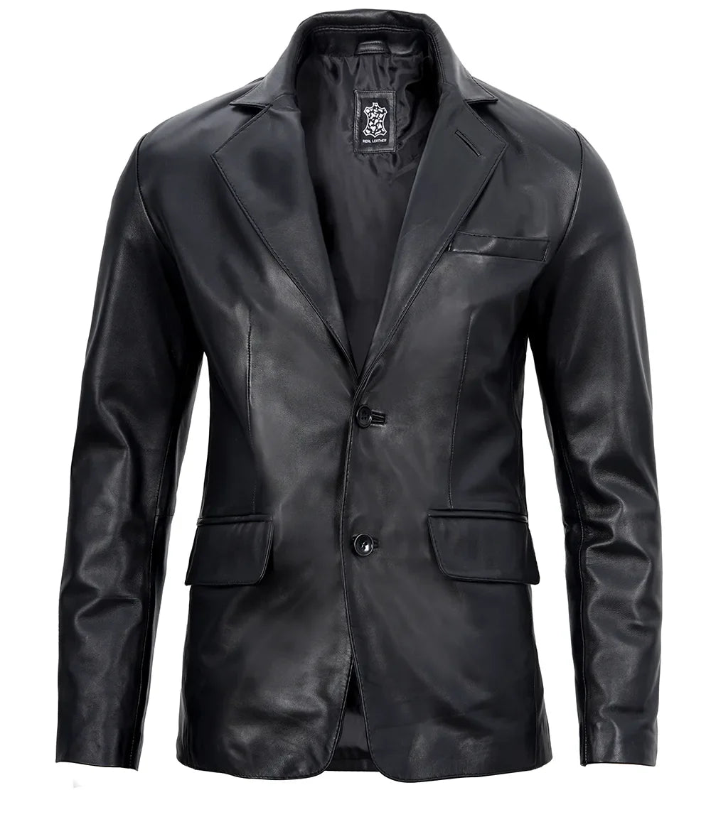Mens Two Button Notch Lapel Black Leather Blazer