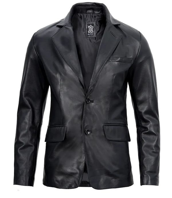 Mens Two Button Notch Lapel Black Leather Blazer