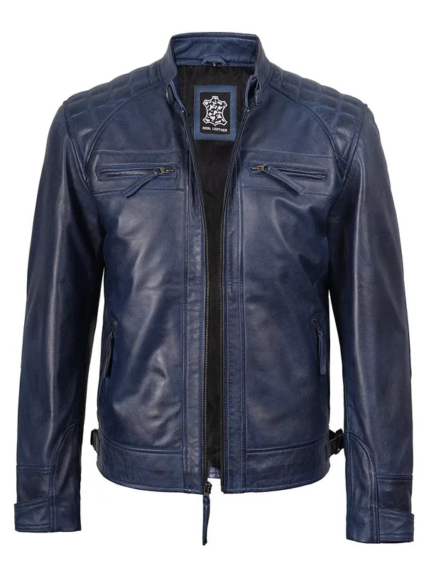 Men’s Blue Waxed Leather Cafe Racer– Premium leather jacket