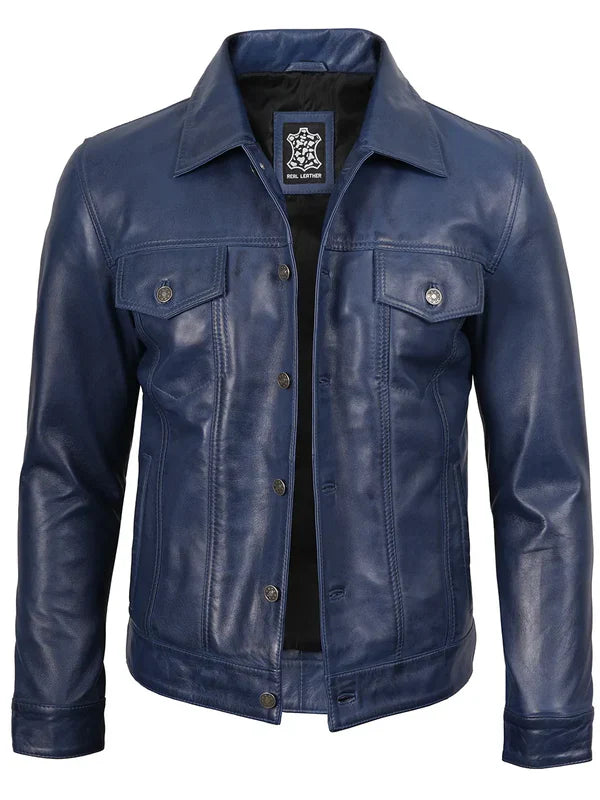 Fernando Men's Blue Real Leather Trucker Jacket