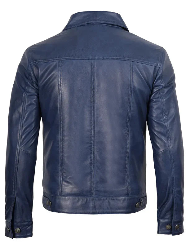 Fernando Men's Blue Real Leather Trucker Jacket