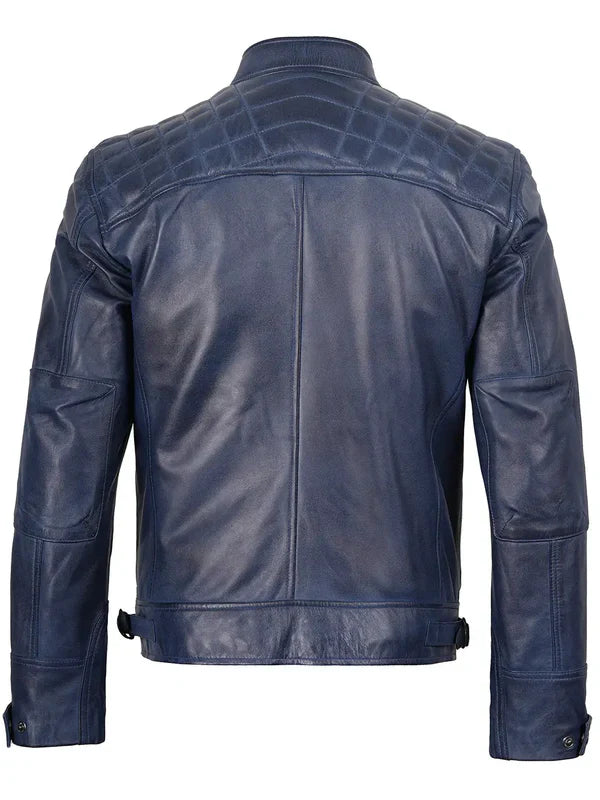 Men’s Blue Waxed Leather Cafe Racer– Premium leather jacket