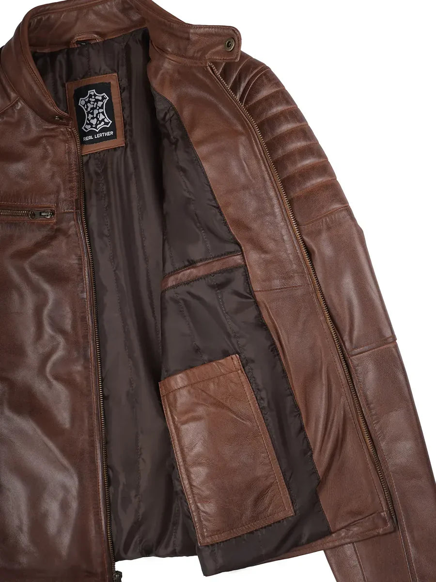 Mens Cognac Brown Cafe Racer Leather Jacket