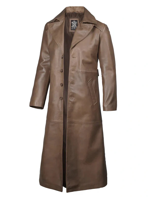 Brown Men’s Real Leather Long Duster Coat  Genuine Leather