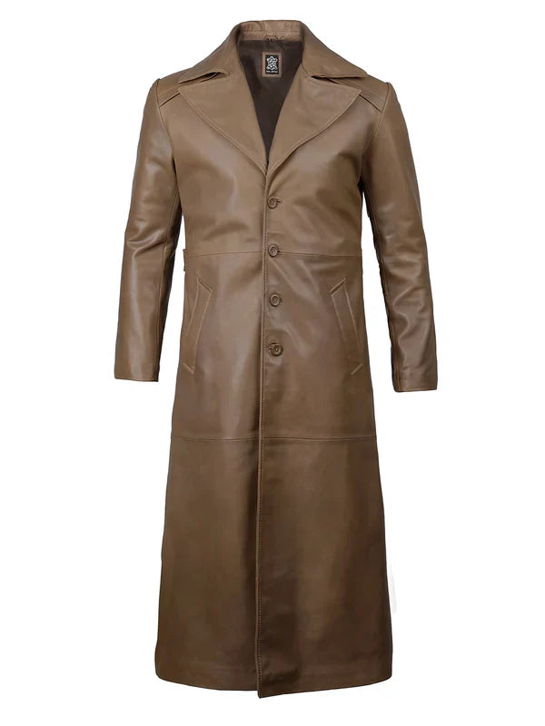 Brown Men’s Real Leather Long Duster Coat  Genuine Leather