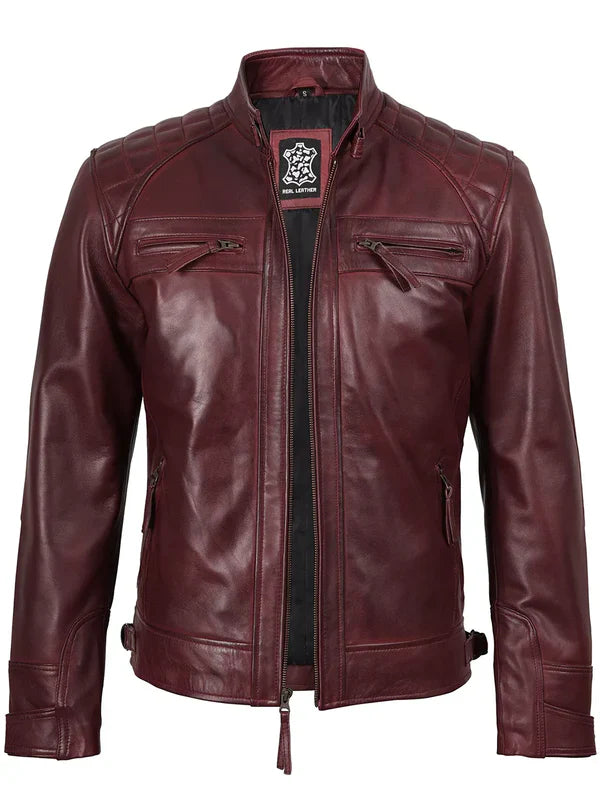 Johnson Burgundy Quilted Biker Style Leather Jacket