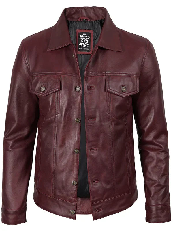 Men’s Burgundy Real Leather Trucker Genuine Leather Jacket