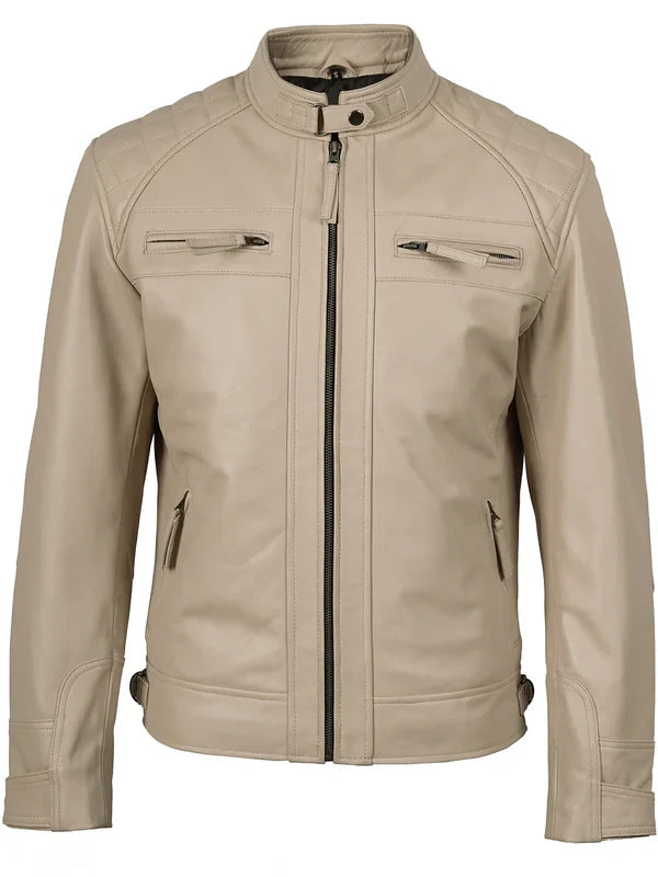 Men’s Beige Cafe Racer Leather Genuine Leather Jacket