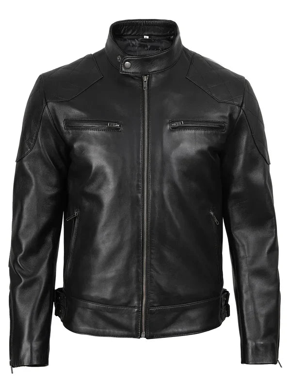 Men's Black Cafe Racer premium  Leather Biker Jacket